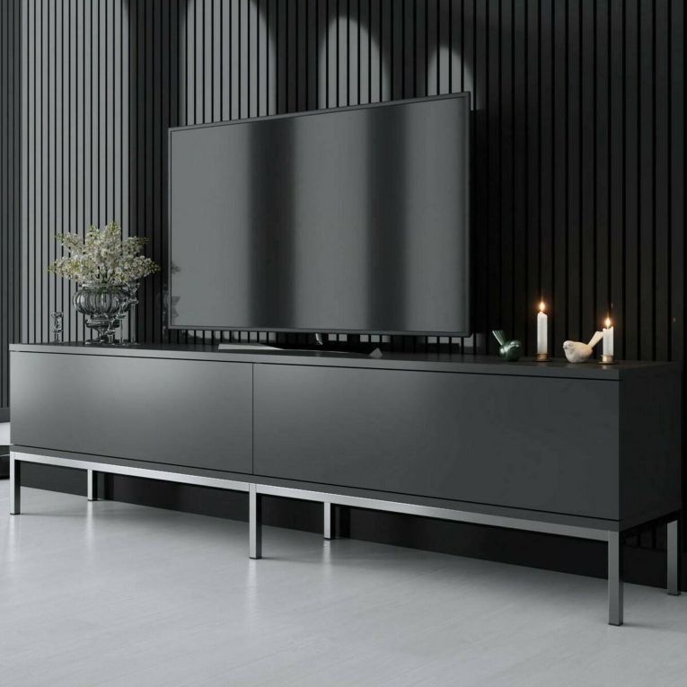 Mobile Porta tv Nero Antracite Argento Cassetti un Ripiano 180x30x47h cm, 2 Ante - Espero
