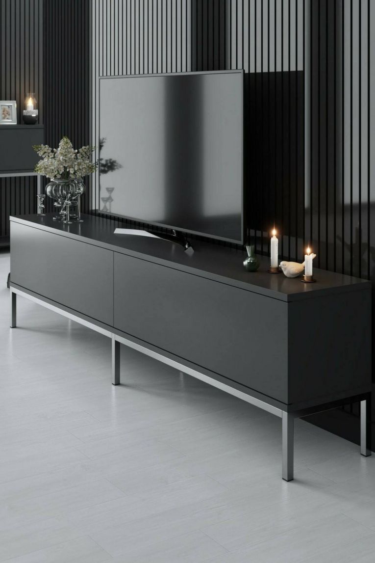 Mobile Porta tv Nero Antracite Argento Cassetti un Ripiano 180x30x47h cm, 2 Ante - Espero