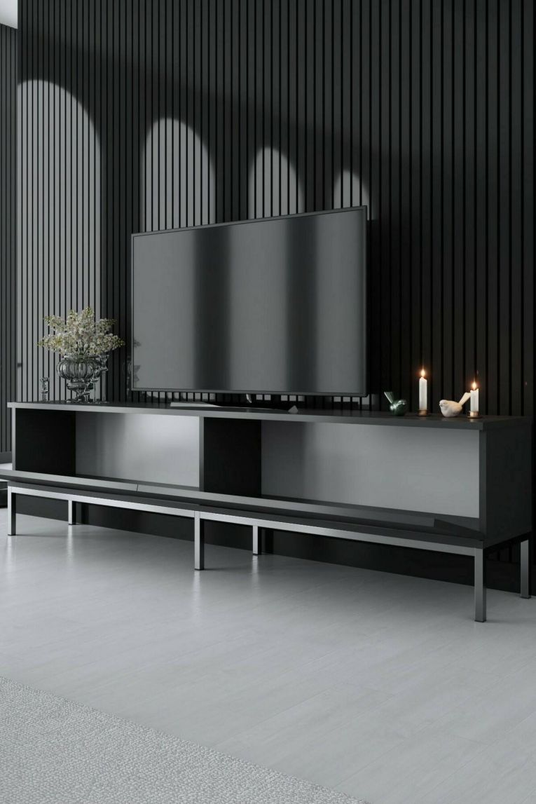 Mobile Porta tv Nero Antracite Argento Cassetti un Ripiano 180x30x47h cm, 2 Ante - Espero