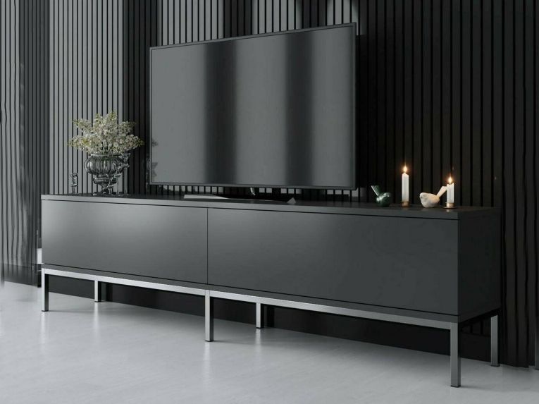 Mobile Porta tv Nero Antracite Argento Cassetti un Ripiano 180x30x47h cm, 2 Ante - Espero