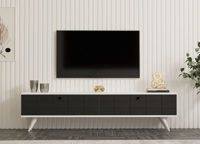 Mobile Porta tv Nero Antracite Bianco 2 Ante Apertura a Ribalta 160x25x35h cm, 2 Vani - Tresana