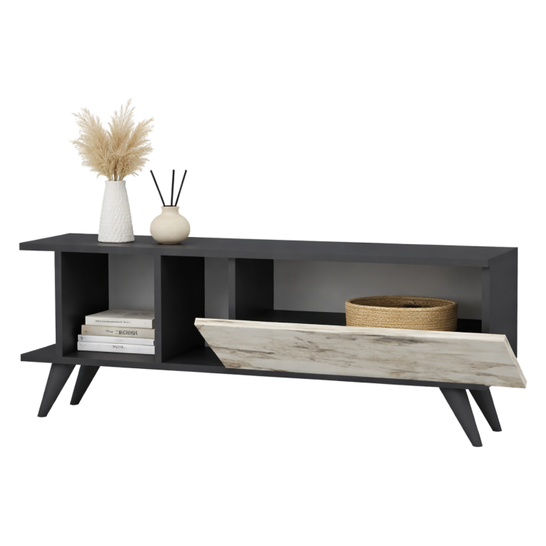 Mobile Porta tv Nero Antracite Bianco Marmo Un'anta Apertura Scorrevole 120x30x45h cm, 2 Vani - Futani