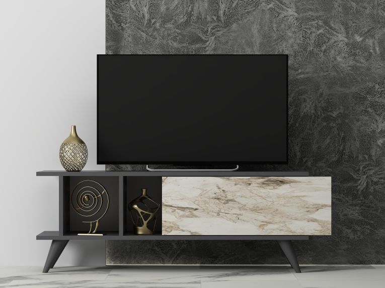 Mobile Porta tv Nero Antracite Bianco Marmo Un'anta Apertura Scorrevole 120x30x45h cm, 2 Vani - Futani
