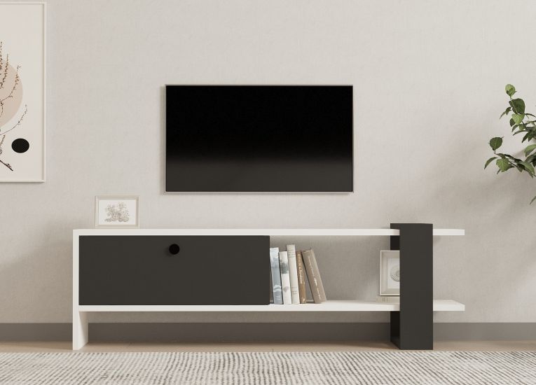 Mobile Porta tv Nero Antracite Bianco Un'anta Apertura a Ribalta 120x25x37h cm, 2 Vani - Taurasi