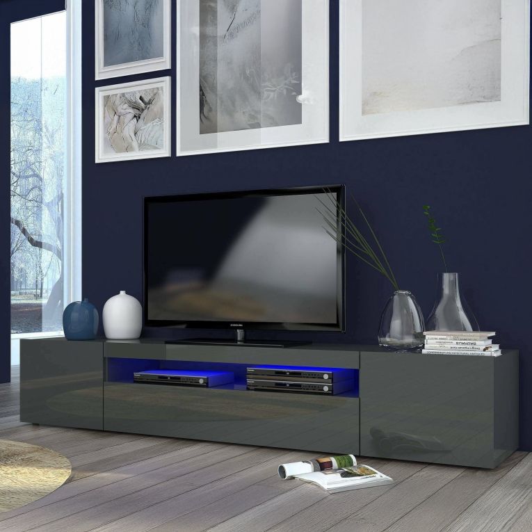 Mobile Porta tv Nero Antracite Lucido 2 Ripiani 3 Ante 200x40x37h cm, con Luci led Made in Italy - Amore