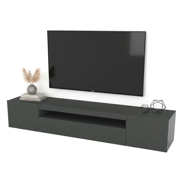 Mobile Porta tv Nero Antracite Lucido 2 Ripiani 3 Ante 200x40x37h cm, con Luci led Made in Italy - Amore