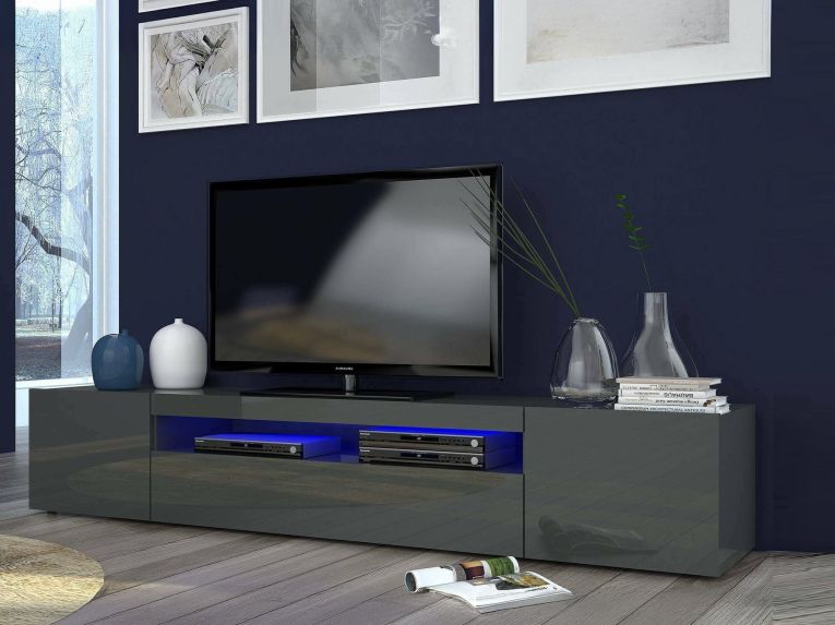 Mobile Porta tv Nero Antracite Lucido 2 Ripiani 3 Ante 200x40x37h cm, con Luci led Made in Italy - Amore