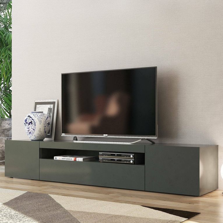 Mobile Porta tv Nero Antracite Lucido 2 Ripiani Apertura Battente, a Ribalta 200x40x37h cm, 3 Ante Made in Italy - Amore