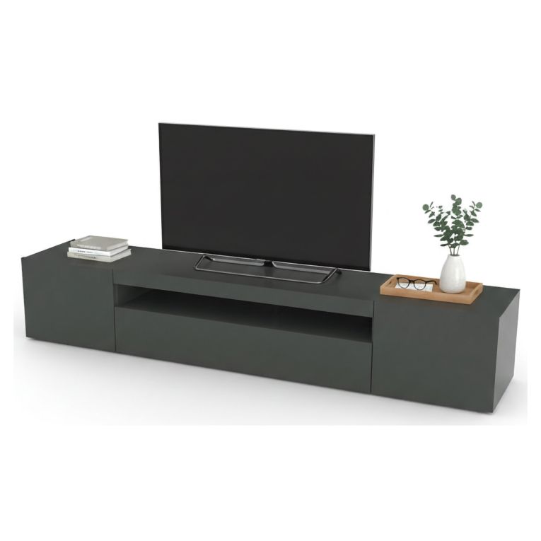 Mobile Porta tv Nero Antracite Lucido 2 Ripiani Apertura Battente, a Ribalta 200x40x37h cm, 3 Ante Made in Italy - Amore