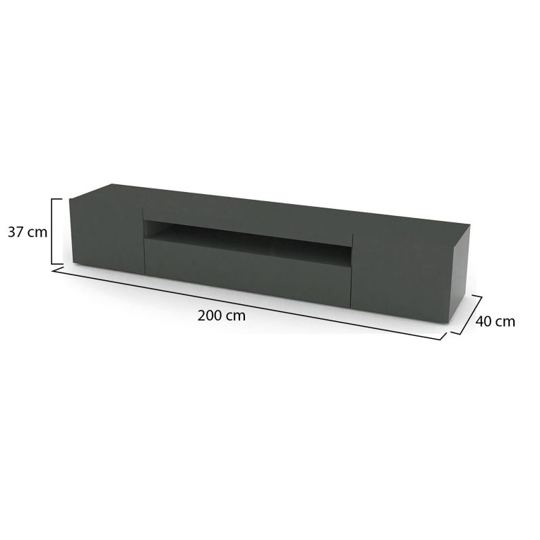 Mobile Porta tv Nero Antracite Lucido 2 Ripiani Apertura Battente, a Ribalta 200x40x37h cm, 3 Ante Made in Italy - Amore