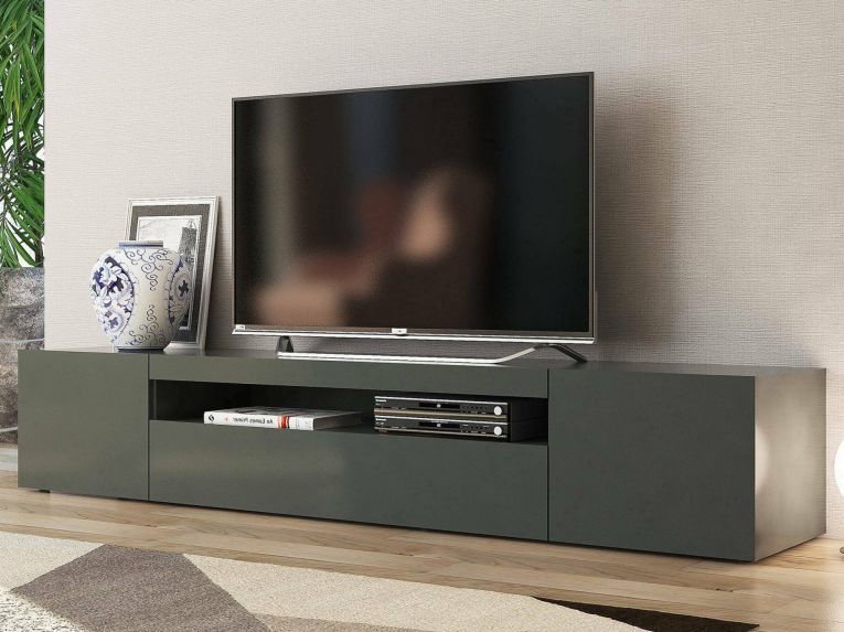 Mobile Porta tv Nero Antracite Lucido 2 Ripiani Apertura Battente, a Ribalta 200x40x37h cm, 3 Ante Made in Italy - Amore