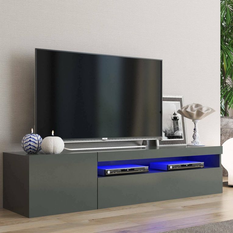 Mobile Porta tv Nero Antracite Lucido un Ripiano 2 Ante 150x40x37h cm, con Luci led Made in Italy - Acrilya