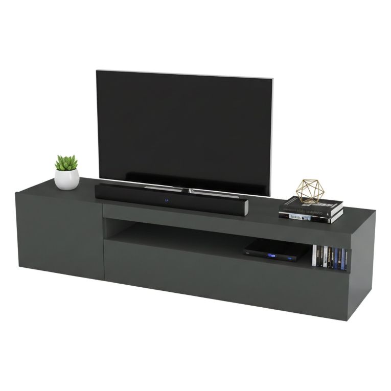 Mobile Porta tv Nero Antracite Lucido un Ripiano 2 Ante 150x40x37h cm, con Luci led Made in Italy - Acrilya