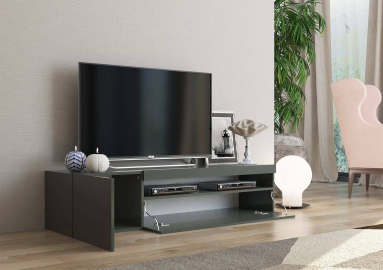Mobile Porta tv Nero Antracite Lucido un Ripiano 2 Ante 150x40x37h cm, con Luci led Made in Italy - Acrilya