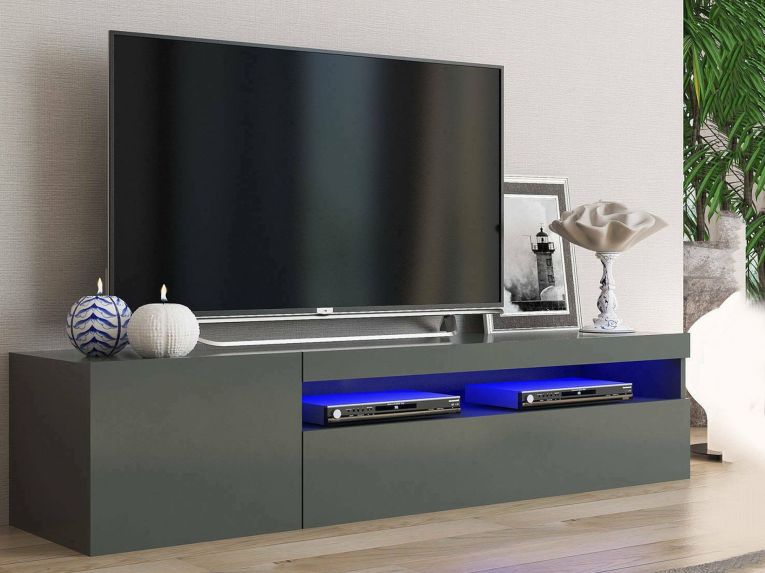 Mobile Porta tv Nero Antracite Lucido un Ripiano 2 Ante 150x40x37h cm, con Luci led Made in Italy - Acrilya