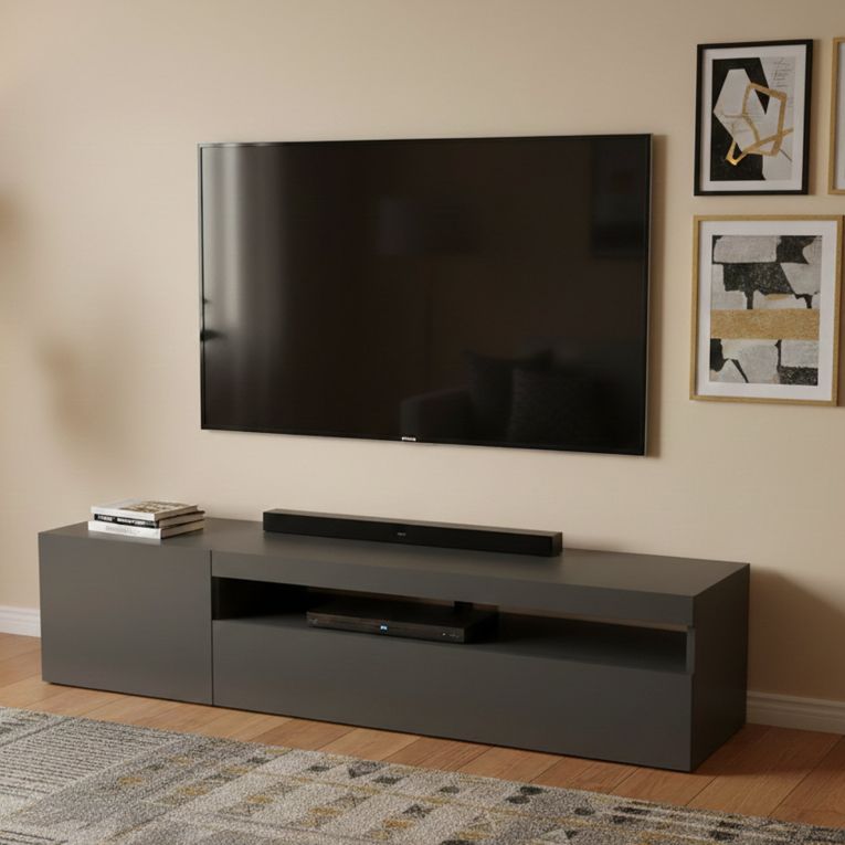Mobile Porta tv Nero Antracite Lucido un Ripiano Apertura Battente, a Ribalta 150x40x37h cm, 2 Ante Made in Italy - Acrilya