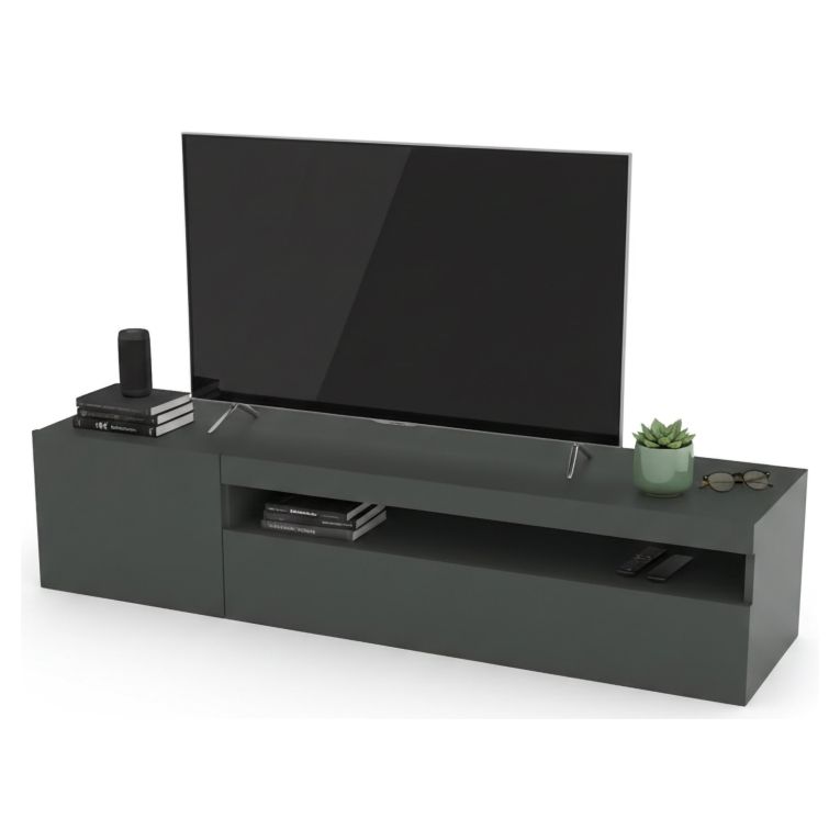 Mobile Porta tv Nero Antracite Lucido un Ripiano Apertura Battente, a Ribalta 150x40x37h cm, 2 Ante Made in Italy - Acrilya