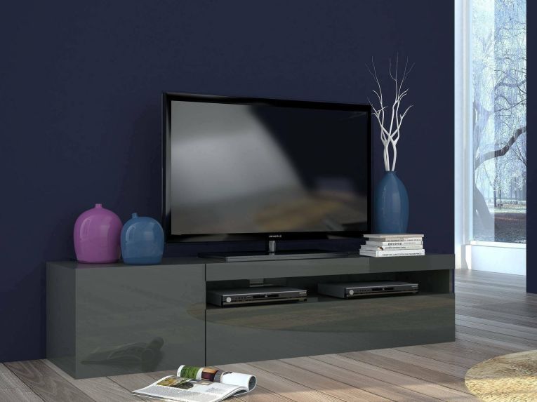 Mobile Porta tv Nero Antracite Lucido un Ripiano Apertura Battente, a Ribalta 150x40x37h cm, 2 Ante Made in Italy - Acrilya