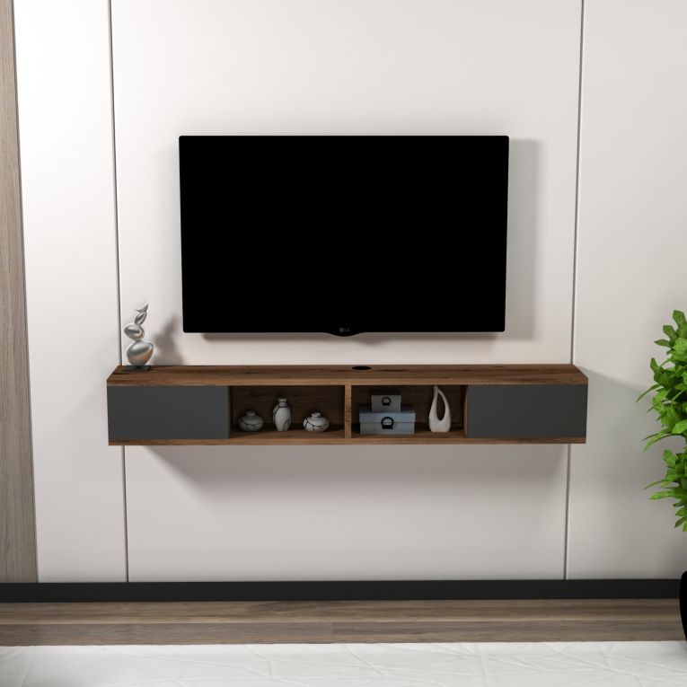 Mobile Porta tv Nero Antracite Marrone Noce 2 Ante Peso Supportato 40 kg 140x22x20h cm, Installazione Sospeso - Ispica