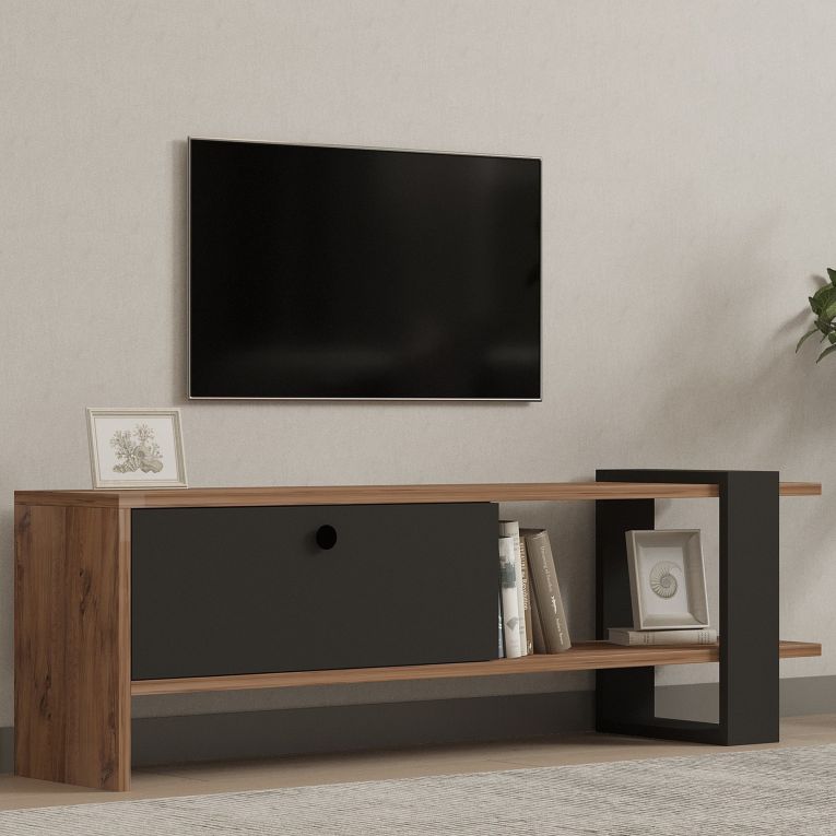 Mobile Porta tv Nero Antracite Marrone Noce Un'anta Apertura a Ribalta 120x25x37h cm, 2 Vani - Taurasi