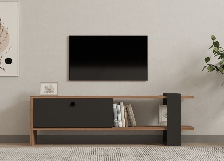 Mobile Porta tv Nero Antracite Marrone Noce Un'anta Apertura a Ribalta 120x25x37h cm, 2 Vani - Taurasi