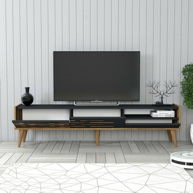 Mobile Porta tv Nero Antracite Marrone Noce un Ripiano 3 Ante 180x45x35h cm, 2 Vani - Upana