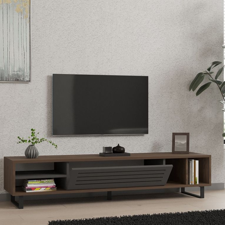 Mobile Porta tv Nero Antracite Marrone Noce un Ripiano Un'anta 160x40x35h cm, 5 Vani - Sovico