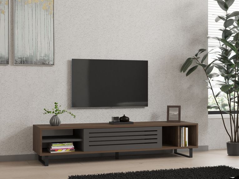 Mobile Porta tv Nero Antracite Marrone Noce un Ripiano Un'anta 160x40x35h cm, 5 Vani - Sovico