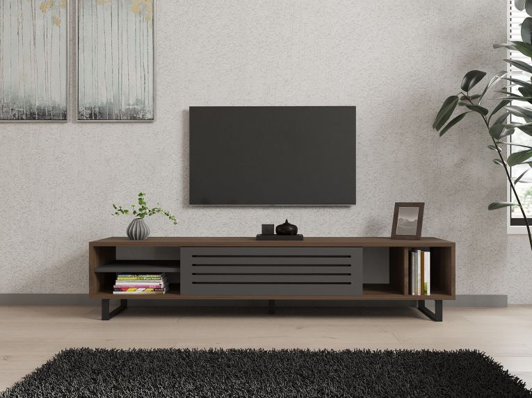 Mobile Porta tv Nero Antracite Marrone Noce un Ripiano Un'anta 160x40x35h cm, 5 Vani - Sovico