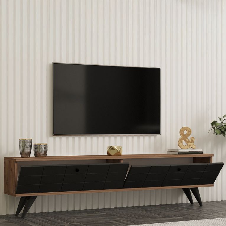 Mobile Porta tv Nero Antracite Marrone Rovere 2 Ante Apertura a Ribalta 160x25x35h cm, 2 Vani - Tresana