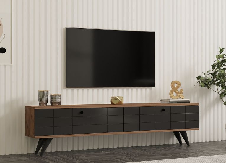 Mobile Porta tv Nero Antracite Marrone Rovere 2 Ante Apertura a Ribalta 160x25x35h cm, 2 Vani - Tresana