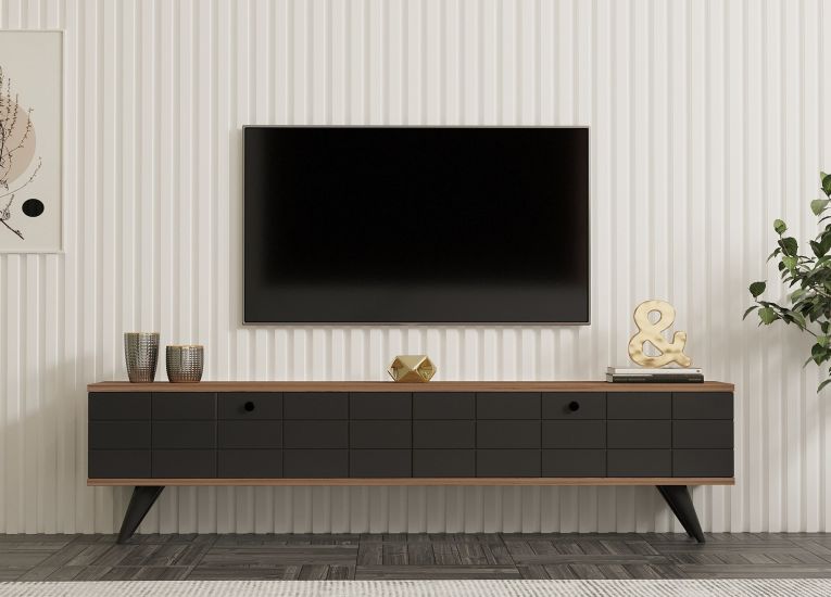 Mobile Porta tv Nero Antracite Marrone Rovere 2 Ante Apertura a Ribalta 160x25x35h cm, 2 Vani - Tresana