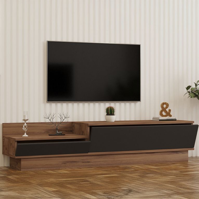 Mobile Porta tv Nero Antracite Marrone Rovere 2 Ante Apertura a Ribalta 160x35x35h cm, 2 Vani - Persico