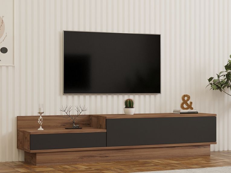 Mobile Porta tv Nero Antracite Marrone Rovere 2 Ante Apertura a Ribalta 160x35x35h cm, 2 Vani - Persico