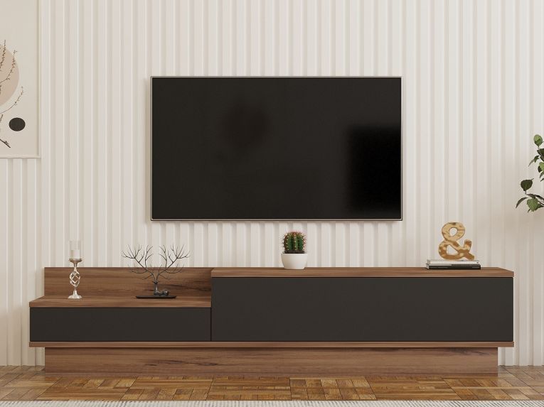 Mobile Porta tv Nero Antracite Marrone Rovere 2 Ante Apertura a Ribalta 160x35x35h cm, 2 Vani - Persico