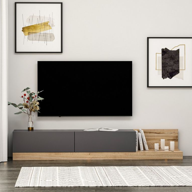 Mobile Porta tv Nero Antracite Marrone Rovere 2 Ante Apertura a Ribalta 180x37x30h cm, 2 Vani - Cajetani