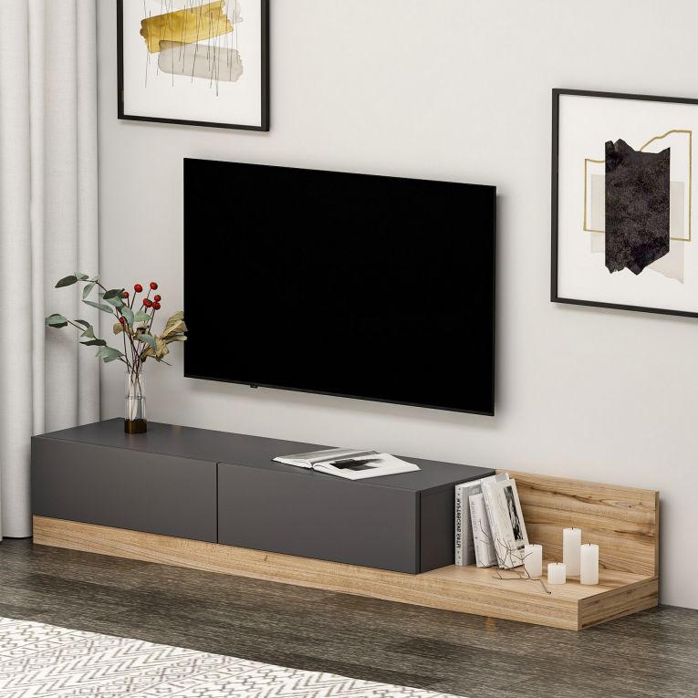 Mobile Porta tv Nero Antracite Marrone Rovere 2 Ante Apertura a Ribalta 180x37x30h cm, 2 Vani - Cajetani