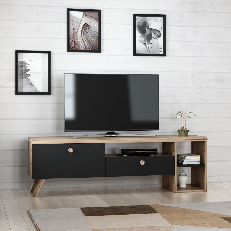 Mobile Porta tv Nero Antracite Marrone Rovere 2 Ripiani 2 Ante 150x35x47h cm, 5 Vani - Filetto