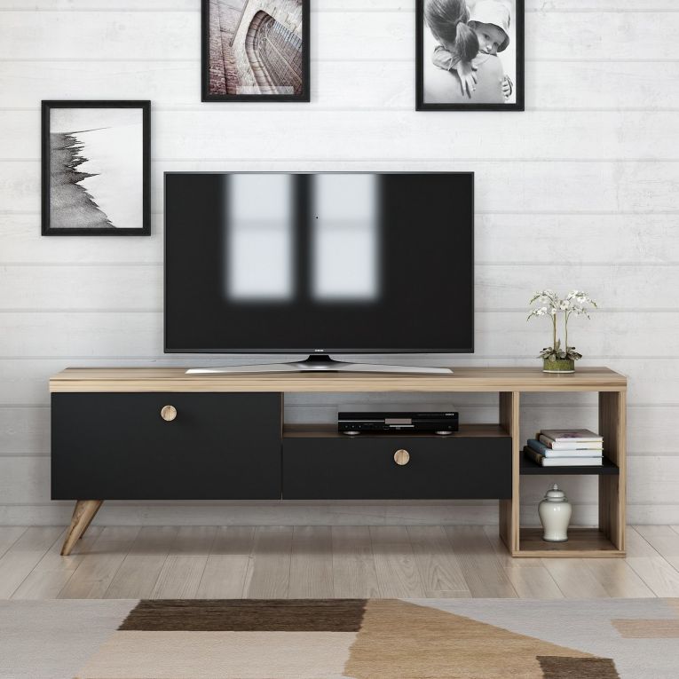 Mobile Porta tv Nero Antracite Marrone Rovere 2 Ripiani 2 Ante 150x35x47h cm, 5 Vani - Filetto