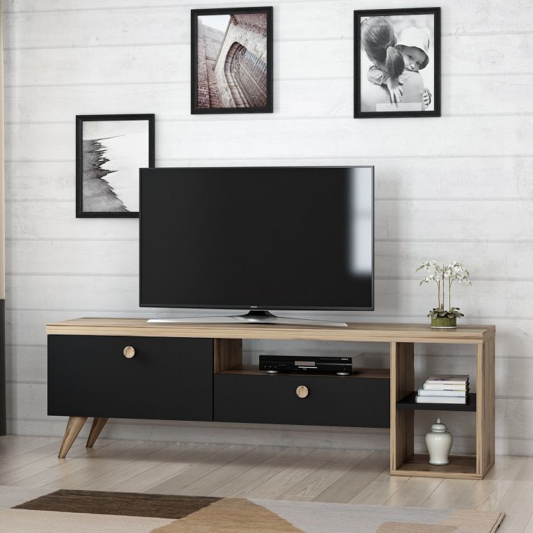 Mobile Porta tv Nero Antracite Marrone Rovere 2 Ripiani 2 Ante 150x35x47h cm, 5 Vani - Filetto