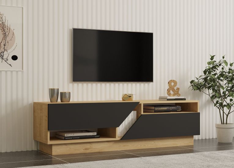 Mobile Porta tv Nero Antracite Marrone Rovere 2 Ripiani 2 Ante 160x40x45h cm, 5 Vani - Spilinga
