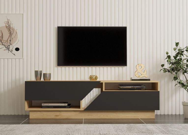 Mobile Porta tv Nero Antracite Marrone Rovere 2 Ripiani 2 Ante 160x40x45h cm, 5 Vani - Spilinga