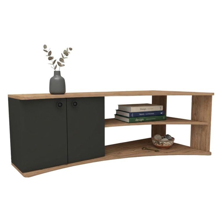 Mobile Porta tv Nero Antracite Marrone Rovere 2 Ripiani 4 Vani 135x68x49h cm, 2 Ante - Roisan