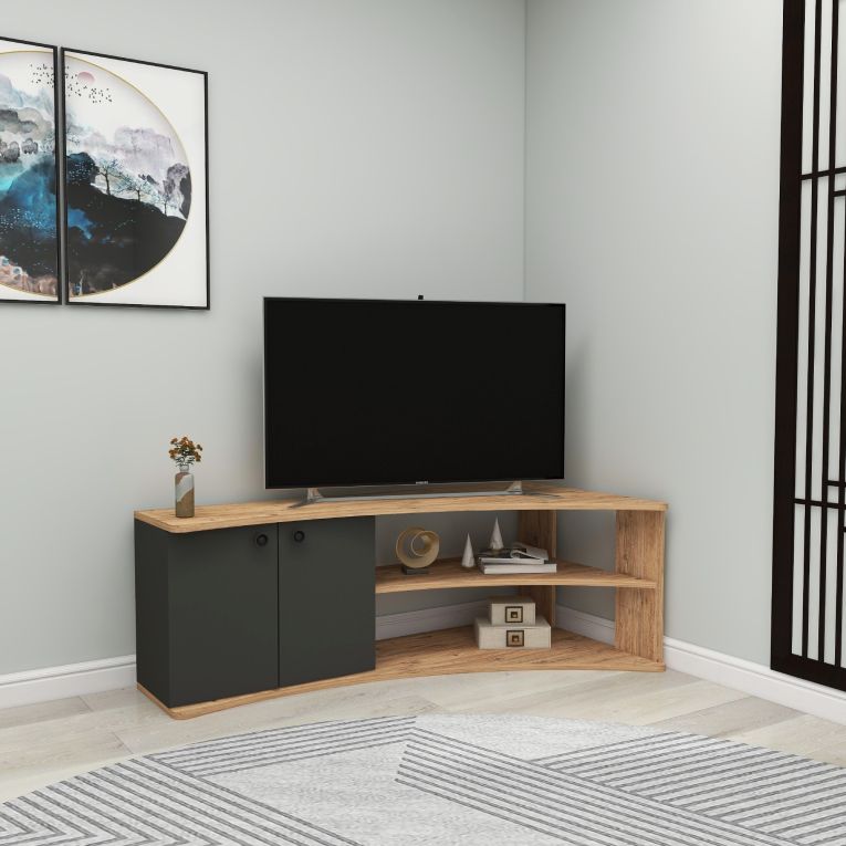 Mobile Porta tv Nero Antracite Marrone Rovere 2 Ripiani 4 Vani 135x68x49h cm, 2 Ante - Roisan