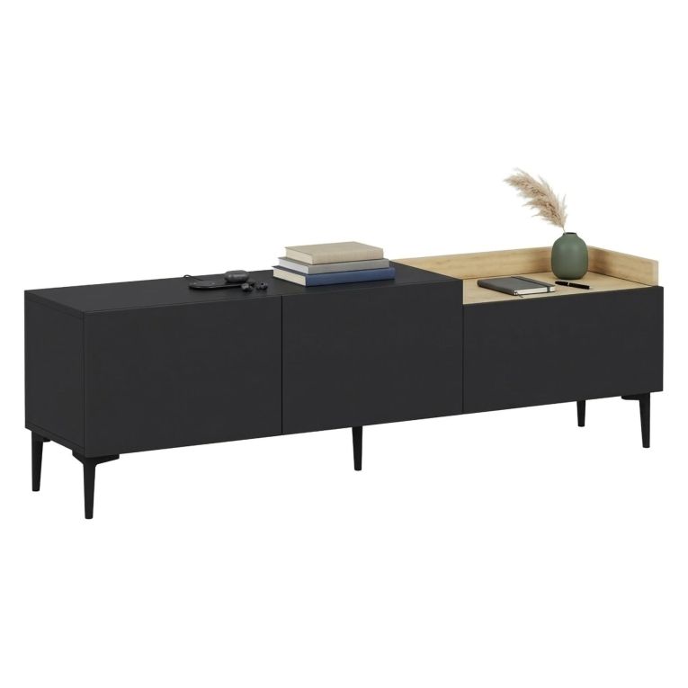Mobile Porta tv Nero Antracite Marrone Rovere 3 Ante Apertura a Ribalta 160x37x48h cm, 3 Vani - Postal