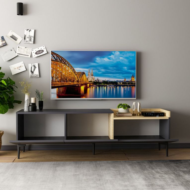 Mobile Porta tv Nero Antracite Marrone Rovere 3 Ante Apertura a Ribalta 160x37x48h cm, 3 Vani - Postal