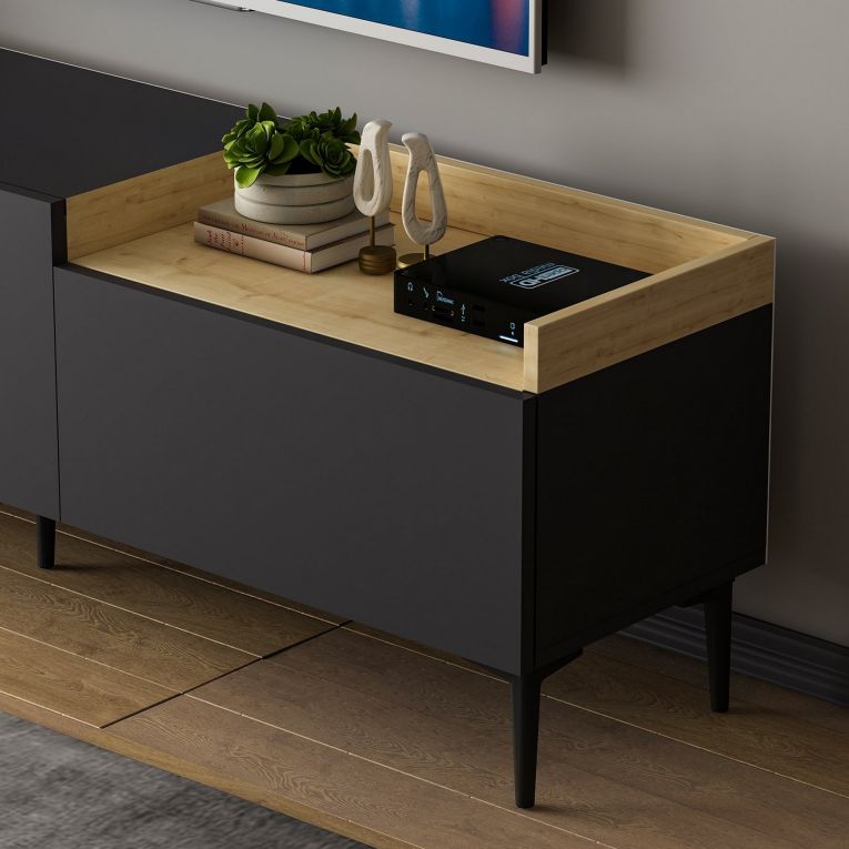 Mobile Porta tv Nero Antracite Marrone Rovere 3 Ante Apertura a Ribalta 160x37x48h cm, 3 Vani - Postal