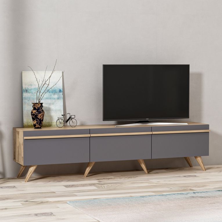 Mobile Porta tv Nero Antracite Marrone Rovere 3 Ante Apertura a Ribalta 180x35x42h cm, 3 Vani - Cortaccia