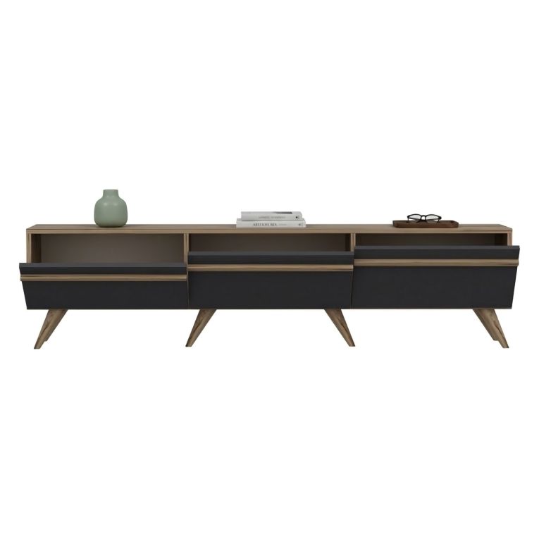 Mobile Porta tv Nero Antracite Marrone Rovere 3 Ante Apertura a Ribalta 180x35x42h cm, 3 Vani - Cortaccia