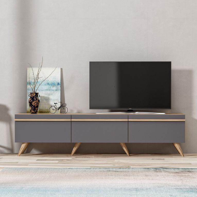 Mobile Porta tv Nero Antracite Marrone Rovere 3 Ante Apertura a Ribalta 180x35x42h cm, 3 Vani - Cortaccia